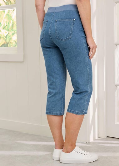 Cotton Traders Pale Blue Premium Pull On Rib Waist Crop Denim Jeans