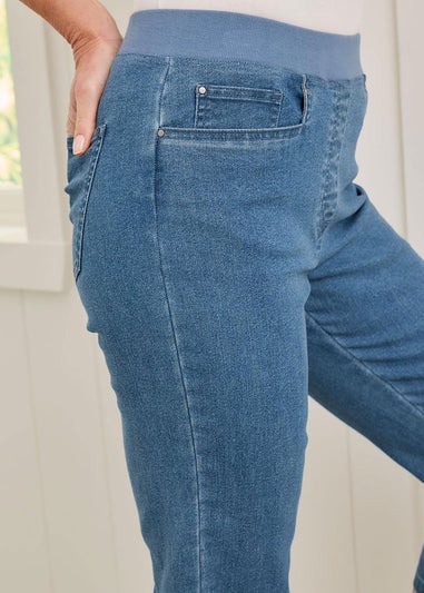 Cotton Traders Pale Blue Premium Pull On Rib Waist Crop Denim Jeans