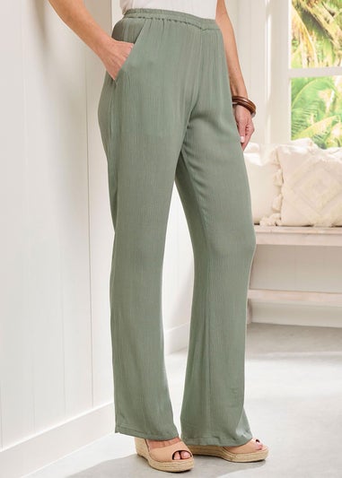 Cotton Traders Grey Green Pull On Crinkle Trousers