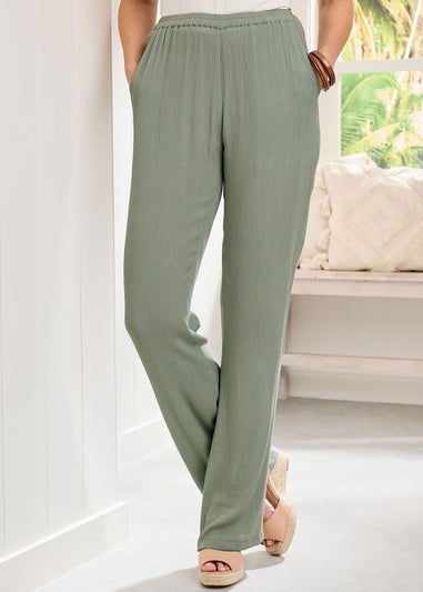 Cotton Traders Grey Green Pull On Crinkle Trousers