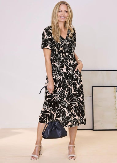 Cotton Traders Black V Neck Printed Midi Dress