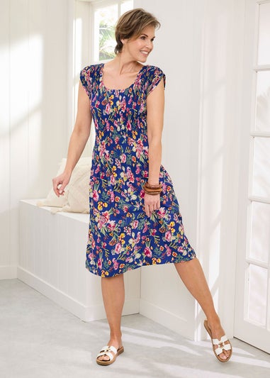 Cotton Traders Pale Blue Floral Crinkle Midi Dress