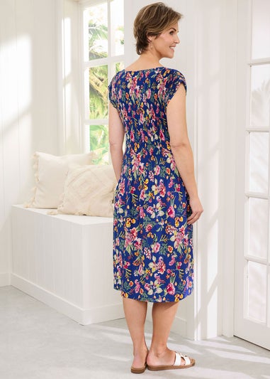 Cotton Traders Pale Blue Floral Crinkle Midi Dress