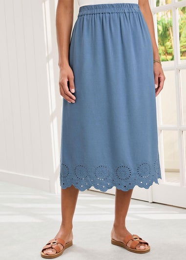 Cotton Traders Dark Blue Pull On Cut Work Midi Skirt