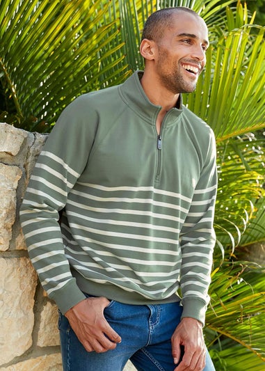 Cotton Traders Green Stripe Half Zip Sweatshirt