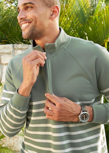 Cotton Traders Green Stripe Half Zip Sweatshirt