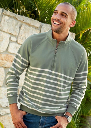 Cotton Traders Green Stripe Half Zip Sweatshirt