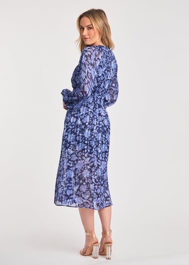 French Connection Blue Long Sleeve Shirred Floral Midi Dress