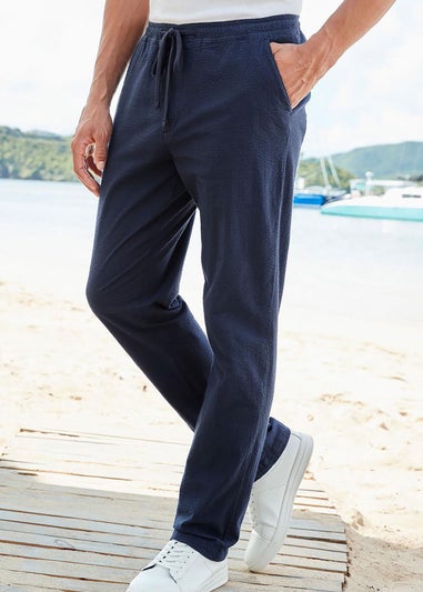 Cotton Traders Dark Blue Stretch Seersucker Trousers