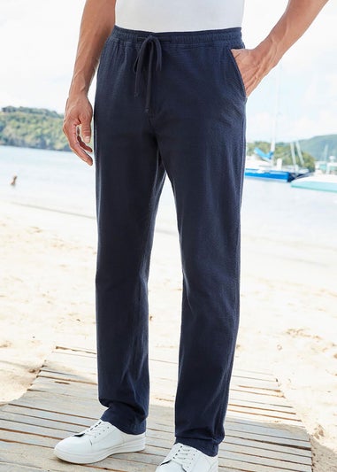 Cotton Traders Dark Blue Stretch Seersucker Trousers