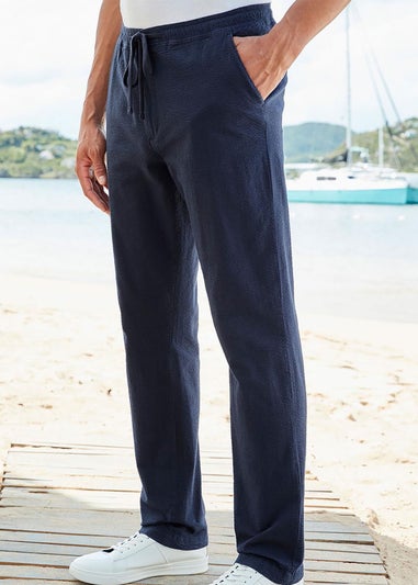 Cotton Traders Dark Blue Stretch Seersucker Trousers