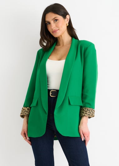 Gini London Green Contrast Animal Edge To Edge Blazer