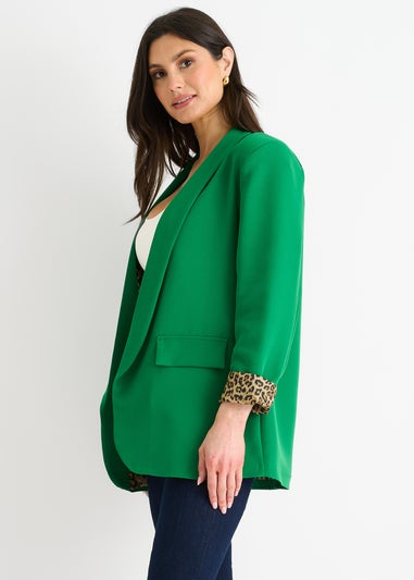 Gini London Green Contrast Animal Edge To Edge Blazer