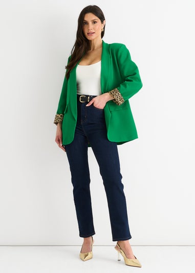 Gini London Green Contrast Animal Edge To Edge Blazer