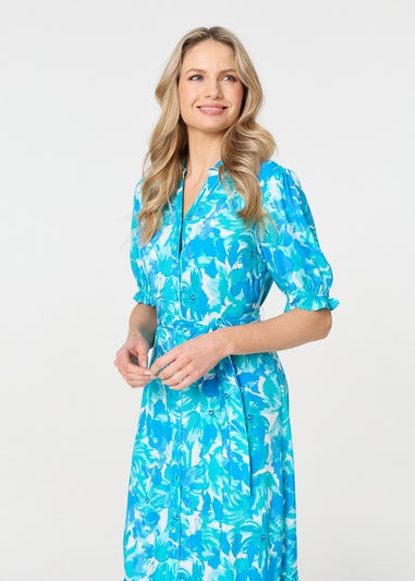 Izabel London Blue Printed 1/2 Puff Sleeve Tie Waist Maxi Dress