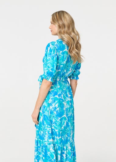 Izabel London Blue Printed 1/2 Puff Sleeve Tie Waist Maxi Dress