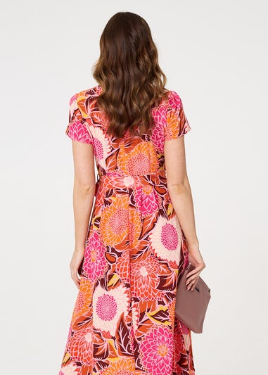 Izabel London Pink Floral Short Sleeve Tie Waist Midi Dress