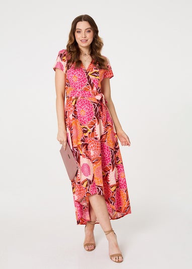 Izabel London Pink Floral Short Sleeve Tie Waist Midi Dress