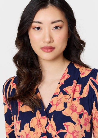 Izabel London Navy Floral 1/2 Sleeve Faux Wrap Midi Dress