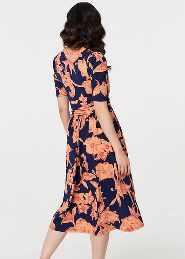 Izabel London Navy Floral 1/2 Sleeve Faux Wrap Midi Dress