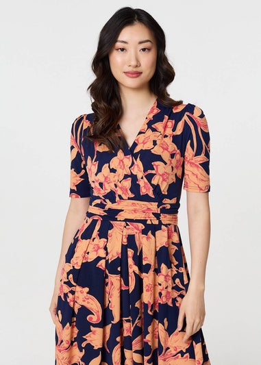 Izabel London Navy Floral 1/2 Sleeve Faux Wrap Midi Dress