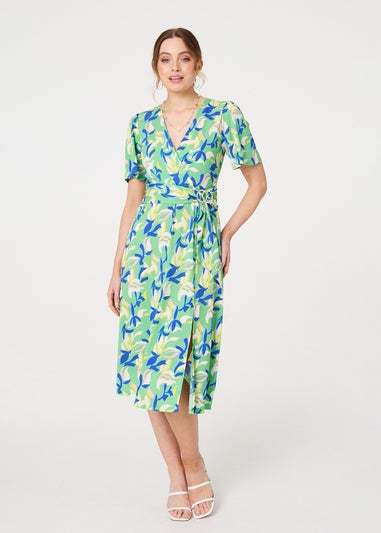 Izabel London Green Printed Belt Detail Wrap Midi Dress