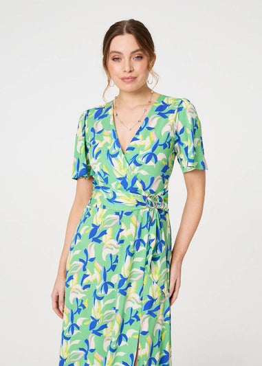 Izabel London Green Printed Belt Detail Wrap Midi Dress