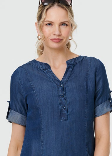 Izabel London Blue Denim Relaxed Button Front Short Dress