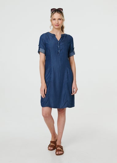 Izabel London Blue Denim Relaxed Button Front Short Dress
