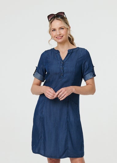 Izabel London Blue Denim Relaxed Button Front Short Dress