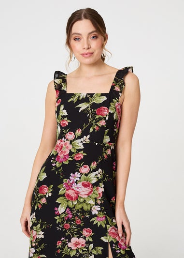 Izabel London Black Floral Frill Sleeveless A Line Midi Dress