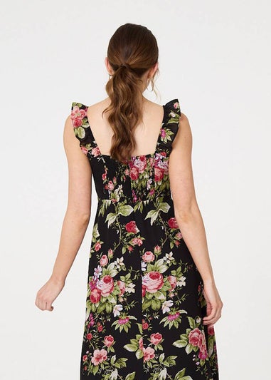 Izabel London Black Floral Frill Sleeveless A Line Midi Dress