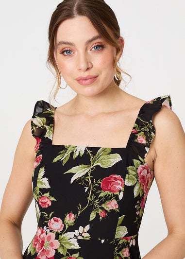 Izabel London Black Floral Frill Sleeveless A Line Midi Dress