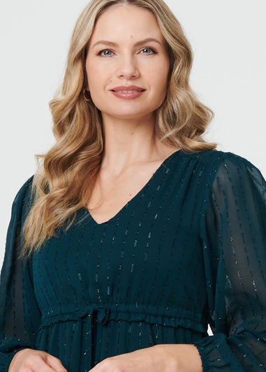 Izabel London Green Sparkly Semi Sheer Long Sleeve Midi Dress