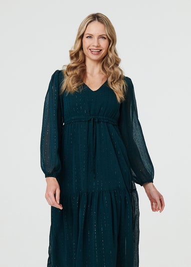 Izabel London Green Sparkly Semi Sheer Long Sleeve Midi Dress