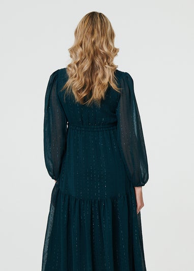 Izabel London Green Sparkly Semi Sheer Long Sleeve Midi Dress