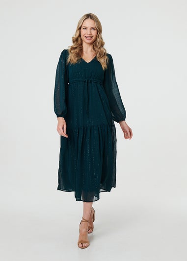 Izabel London Green Sparkly Semi Sheer Long Sleeve Midi Dress