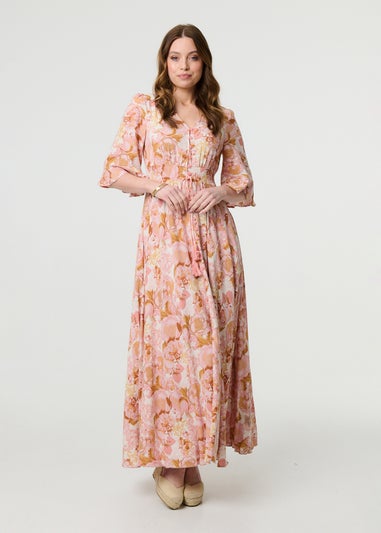Izabel London Pink Floral 3/4 Flare Sleeve Smock Maxi Dress