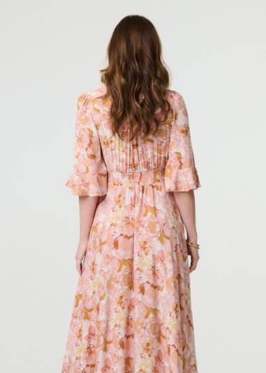 Izabel London Pink Floral 3/4 Flare Sleeve Smock Maxi Dress