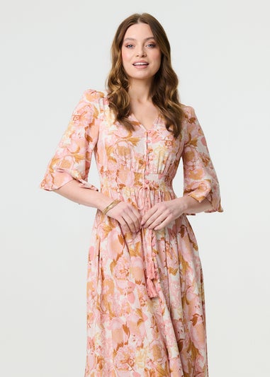 Izabel London Pink Floral 3/4 Flare Sleeve Smock Maxi Dress