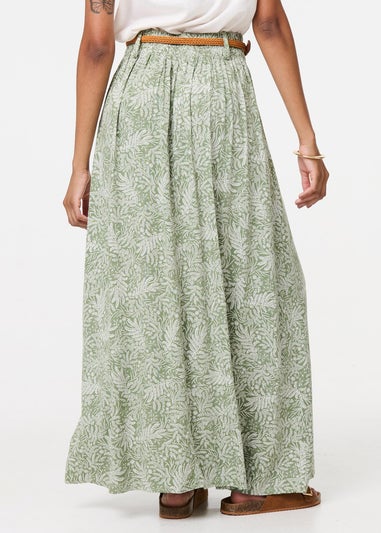 Izabel London Green Leaf Print Belt Detail Maxi Skirt