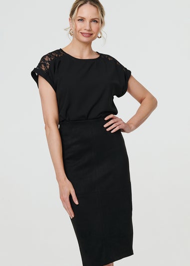 Izabel London Black Faux Suede Knee Length Pencil Skirt