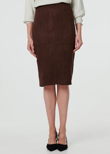 Izabel London Brown Faux Suede Knee Length Pencil Skirt