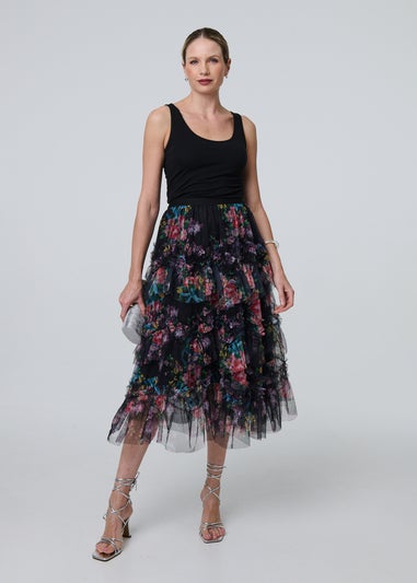 Izabel London Black Floral Semi Sheer Mesh Ruffled Midi Skirt