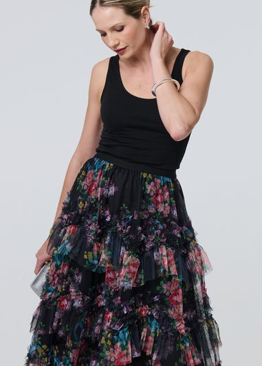 Izabel London Black Floral Semi Sheer Mesh Ruffled Midi Skirt