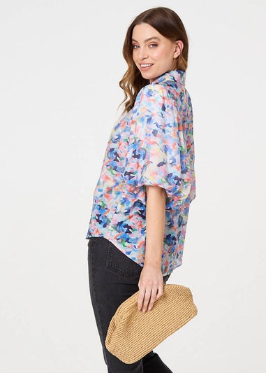 Izabel London Blue Printed Puff Sleeve Collared Shirt