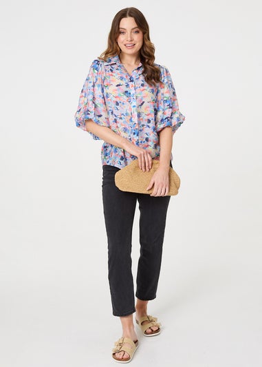 Izabel London Blue Printed Puff Sleeve Collared Shirt