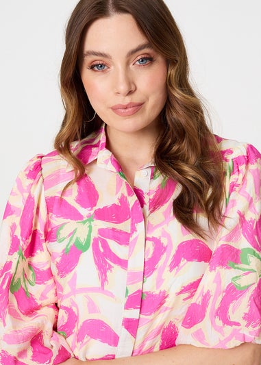 Izabel London Pink Floral Puff Sleeve Collared Shirt