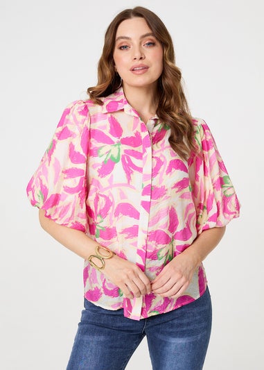 Izabel London Pink Floral Puff Sleeve Collared Shirt