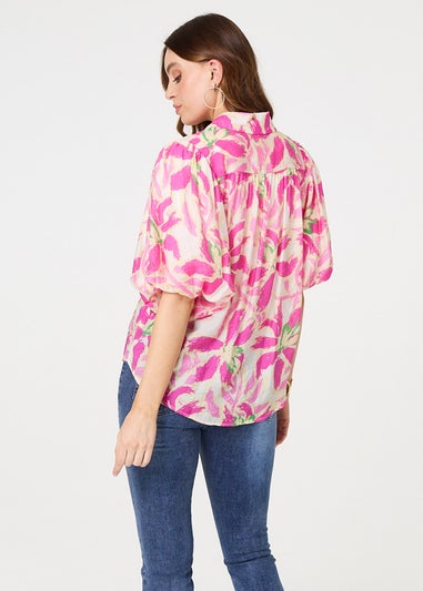 Izabel London Pink Floral Puff Sleeve Collared Shirt